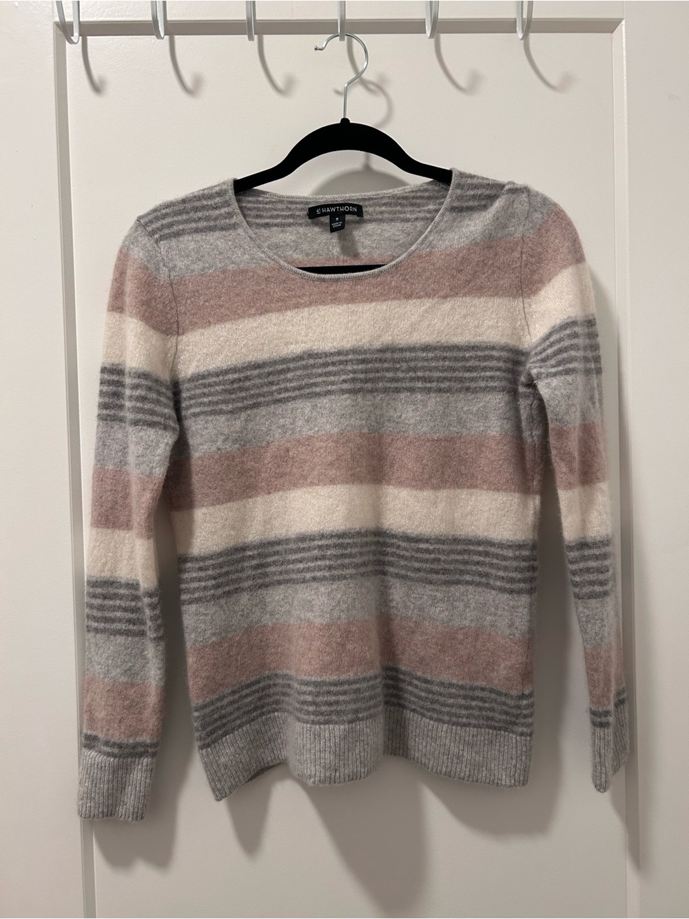 41 Hawthorn Striped Cashmere Crewneck Sweater in Blush, Gray & Cream